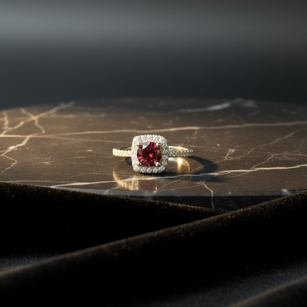 Red Moissanite Halo Ring 0.8ct D Color GRA | 18K Gold Plated S925 Silver Size 7